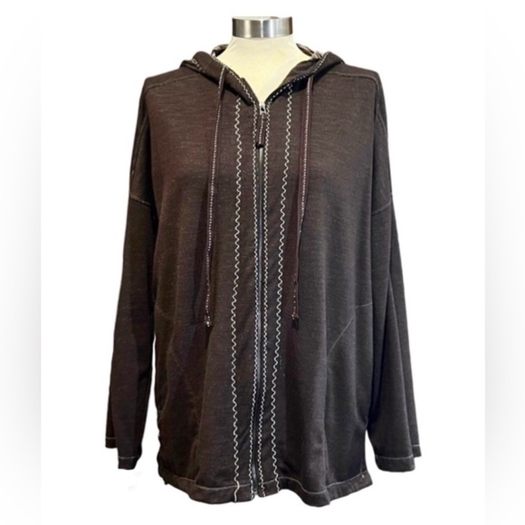 Max Studio French Terry Hooded full zip sweater brown and white women’s Small - Picture 1 of 9